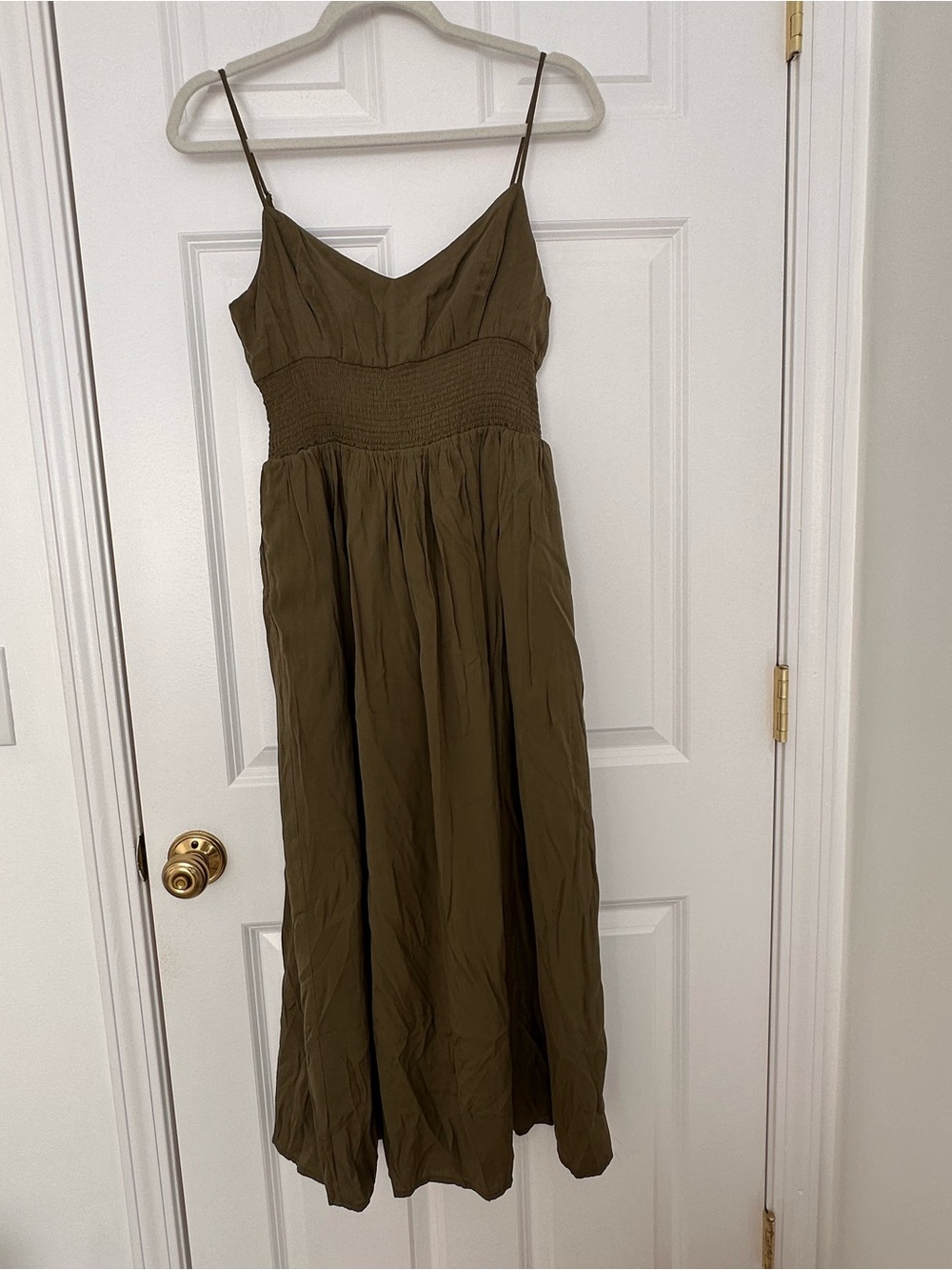 Olive Green Smocked Waist Maxi Dress with Spaghetti Straps M